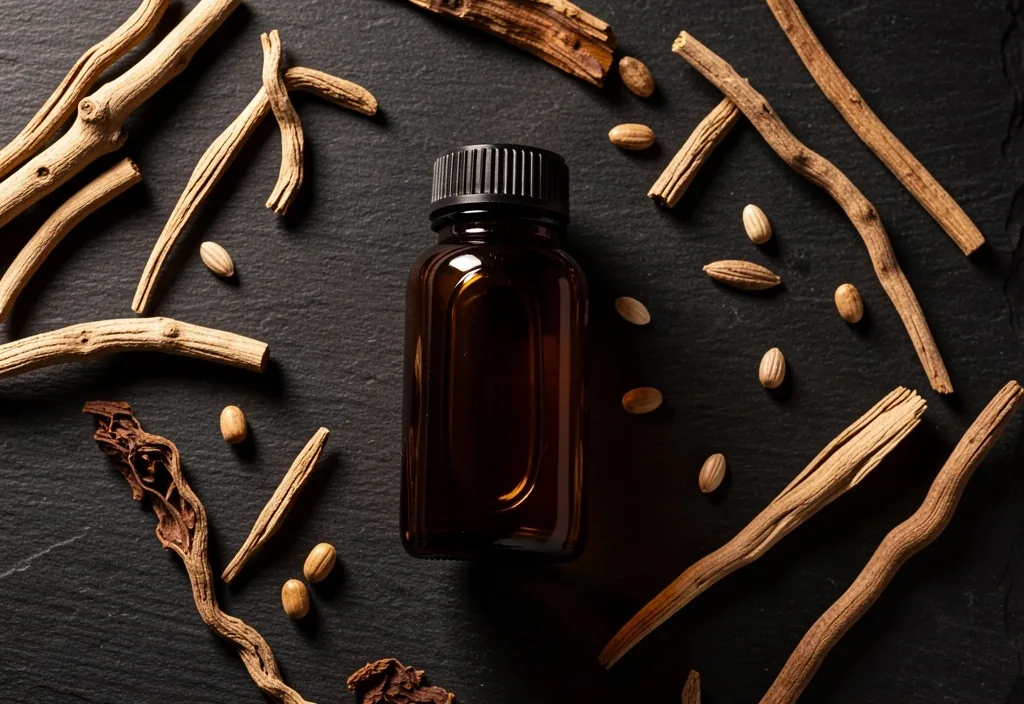 Amber glass supplement bottles with botanical ingredients on dark surface