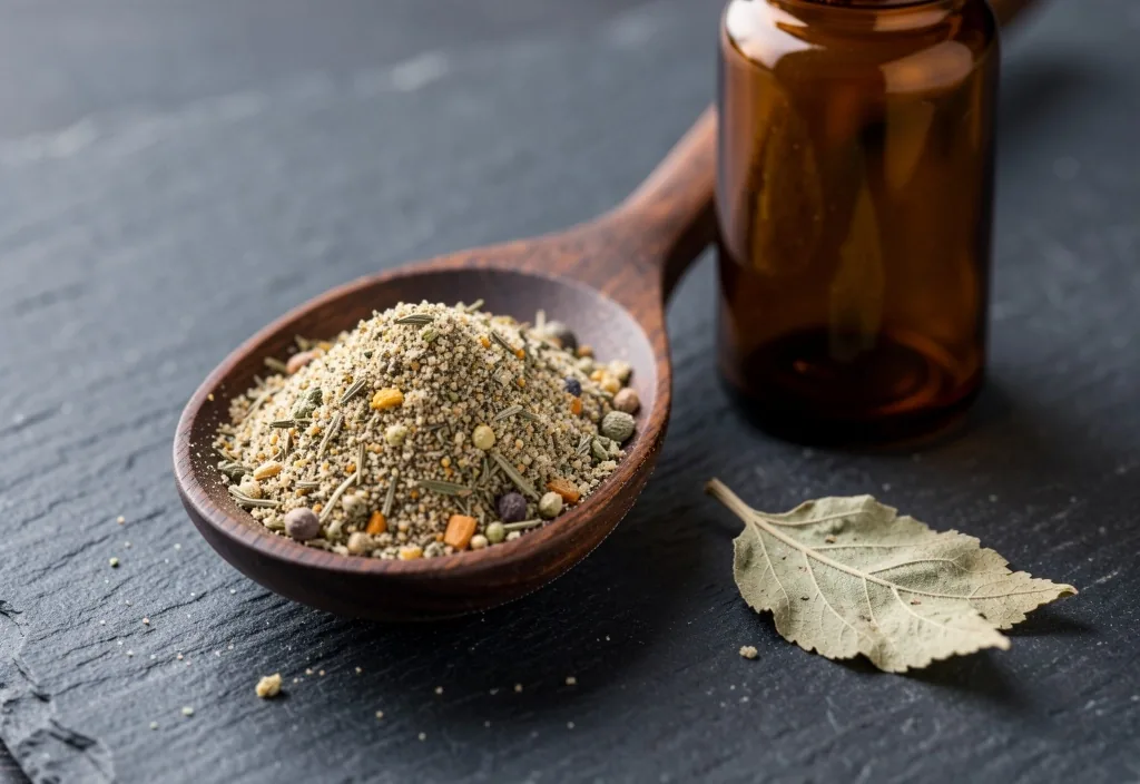 Amber glass supplement bottles with botanical ingredients