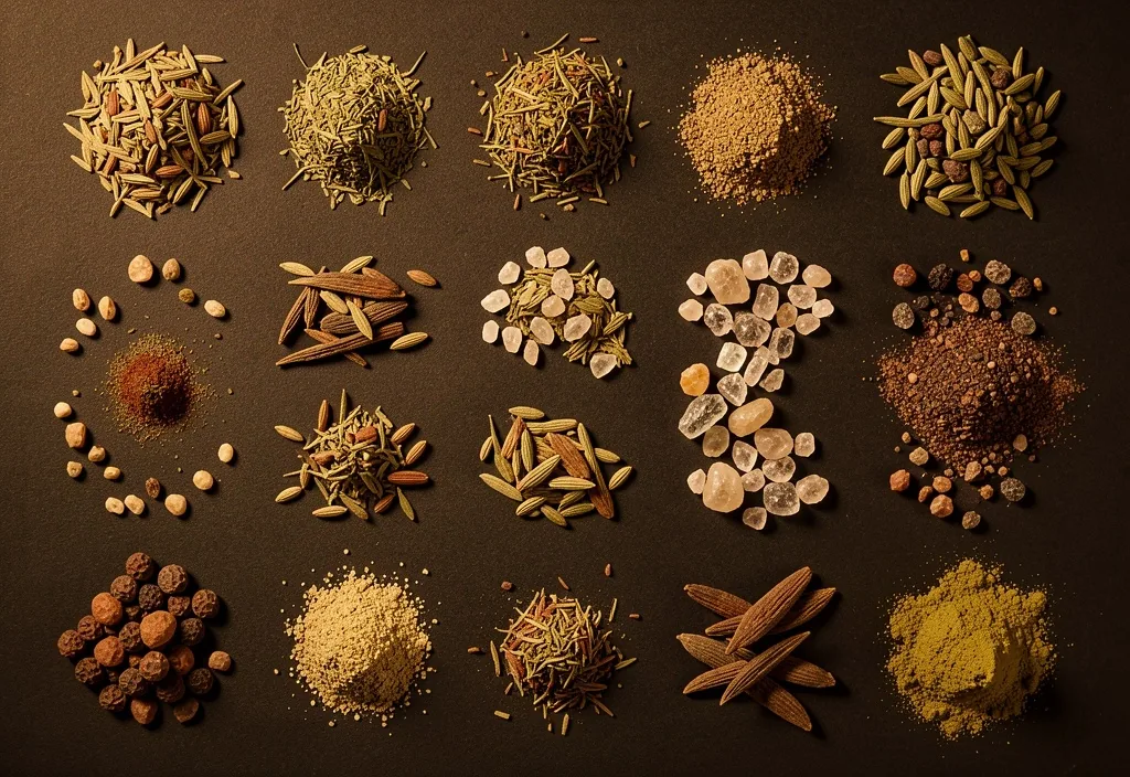 Mineral and botanical ingredient specimens arranged for recovery formula