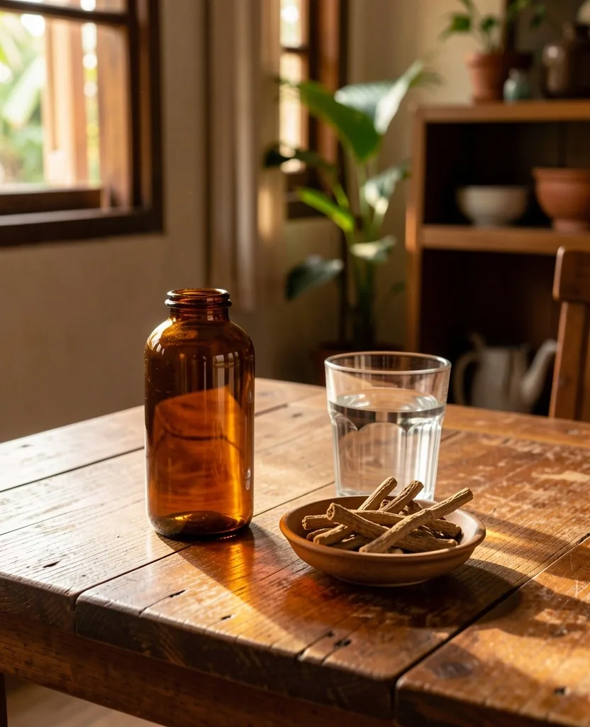 Natural supplement routine in a warm domestic morning setting