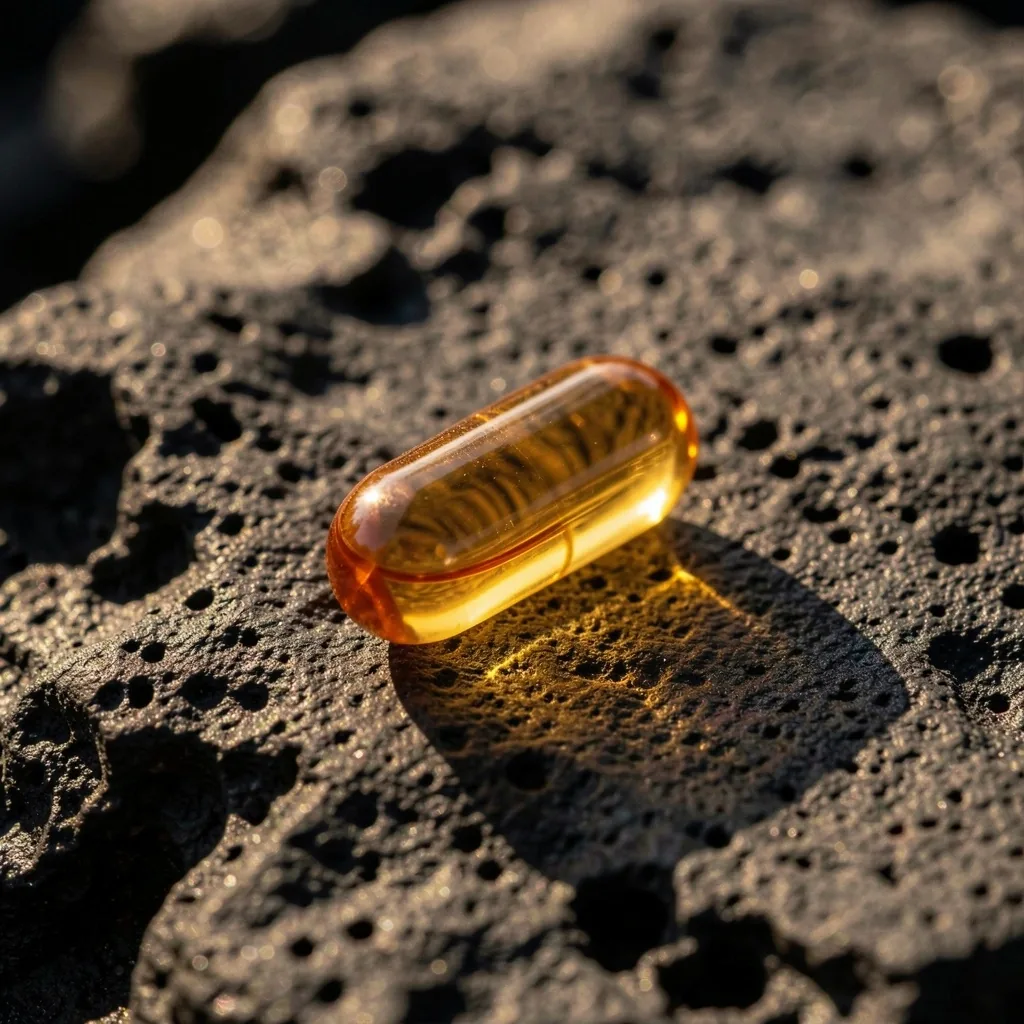 Amber supplement capsule on dark stone