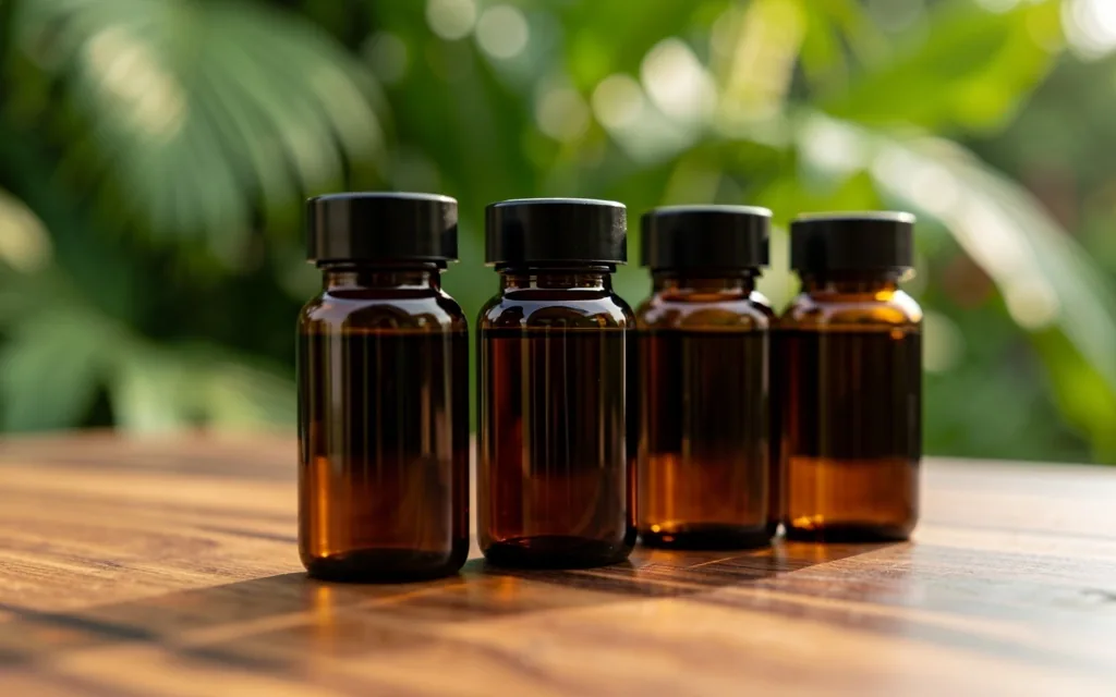 Amber supplement bottles with botanical ingredients