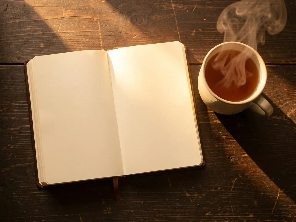 Journal and tea on a dark desk