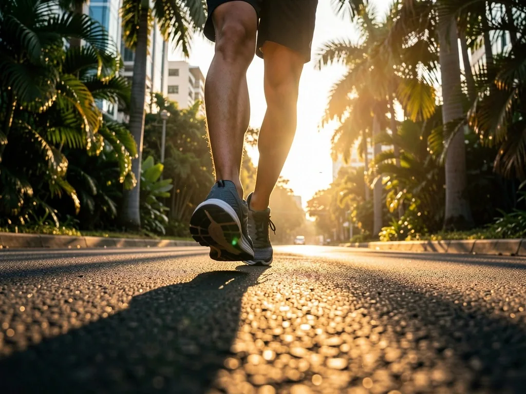Running shoes on a dark urban surface