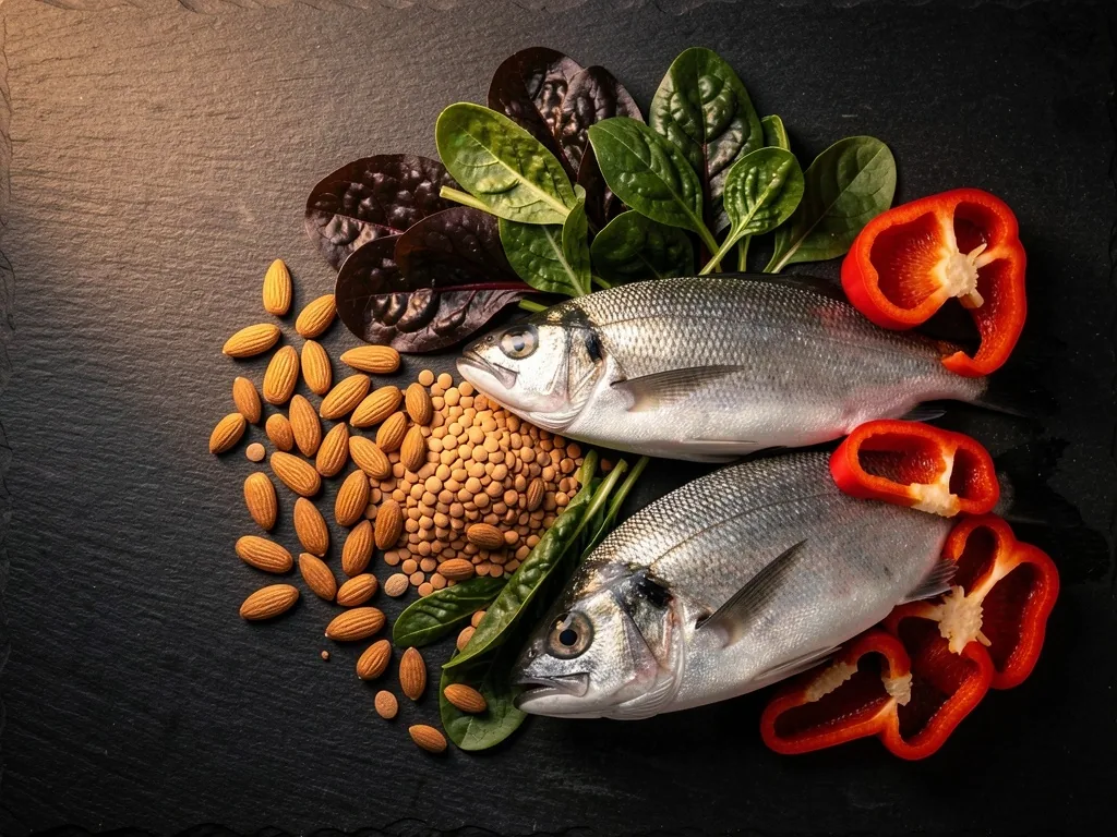 Whole-food nutrition spread on a dark surface