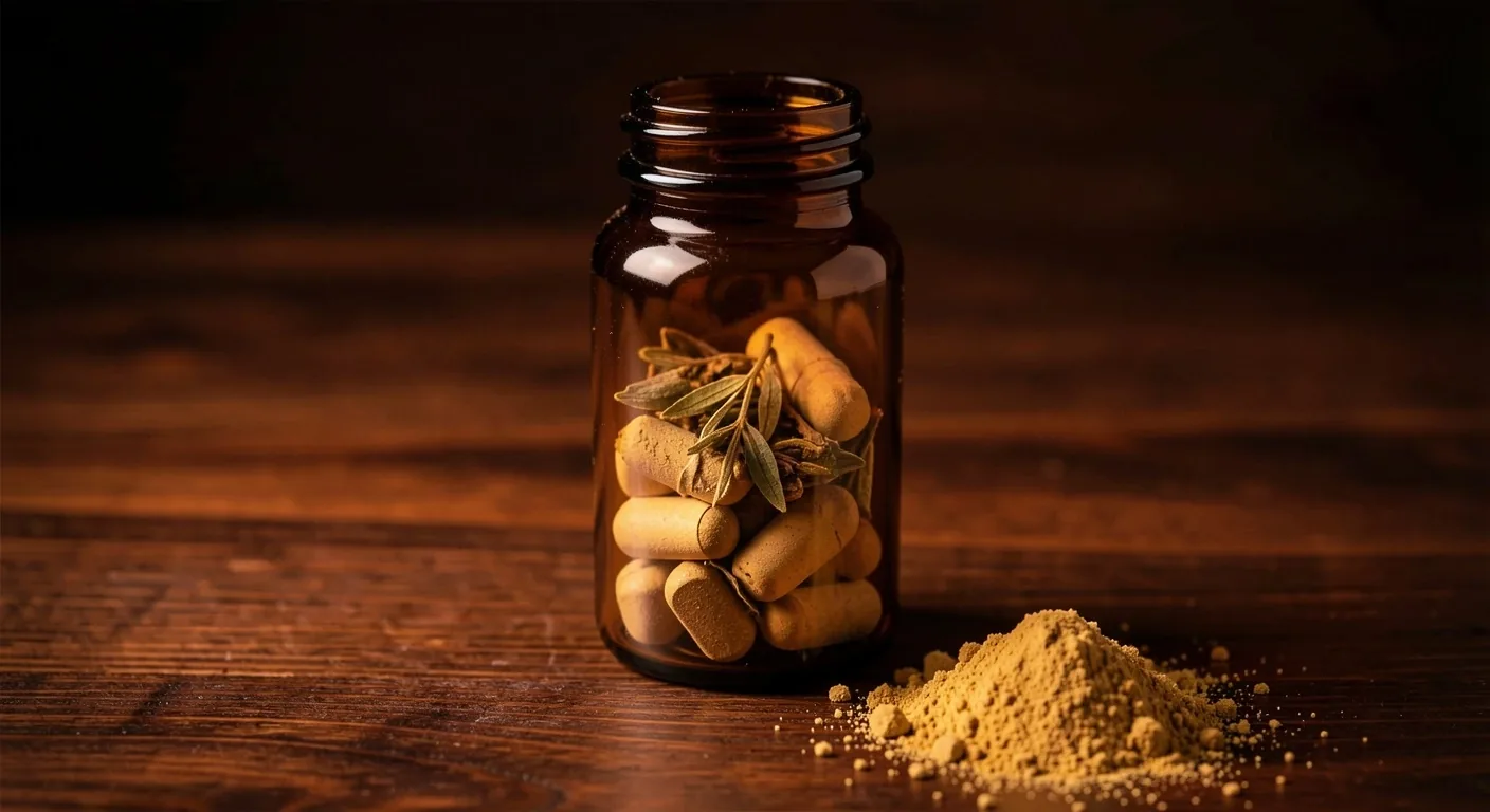 Amber glass supplement bottle on a dark laboratory surface