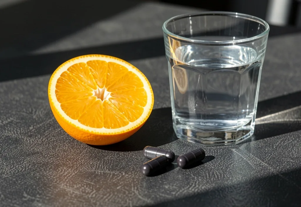 Amber glass supplement bottles on a dark surface