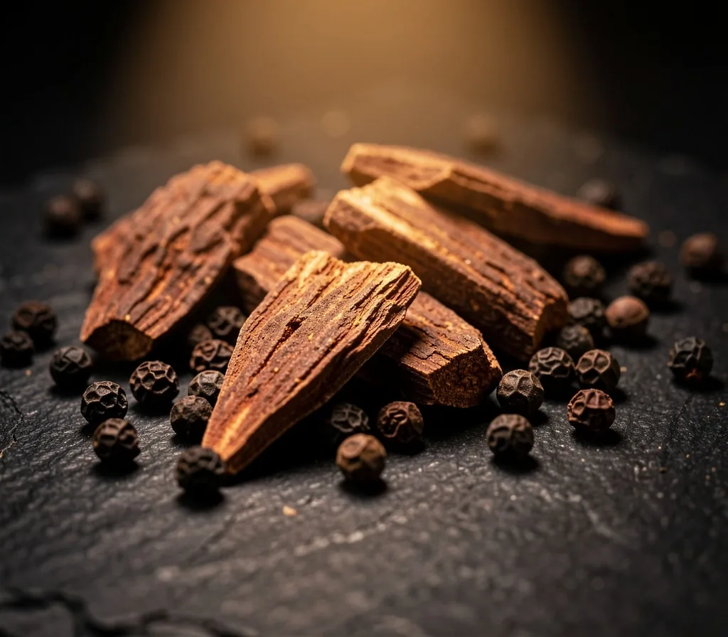 Dried botanical ingredients on a dark surface