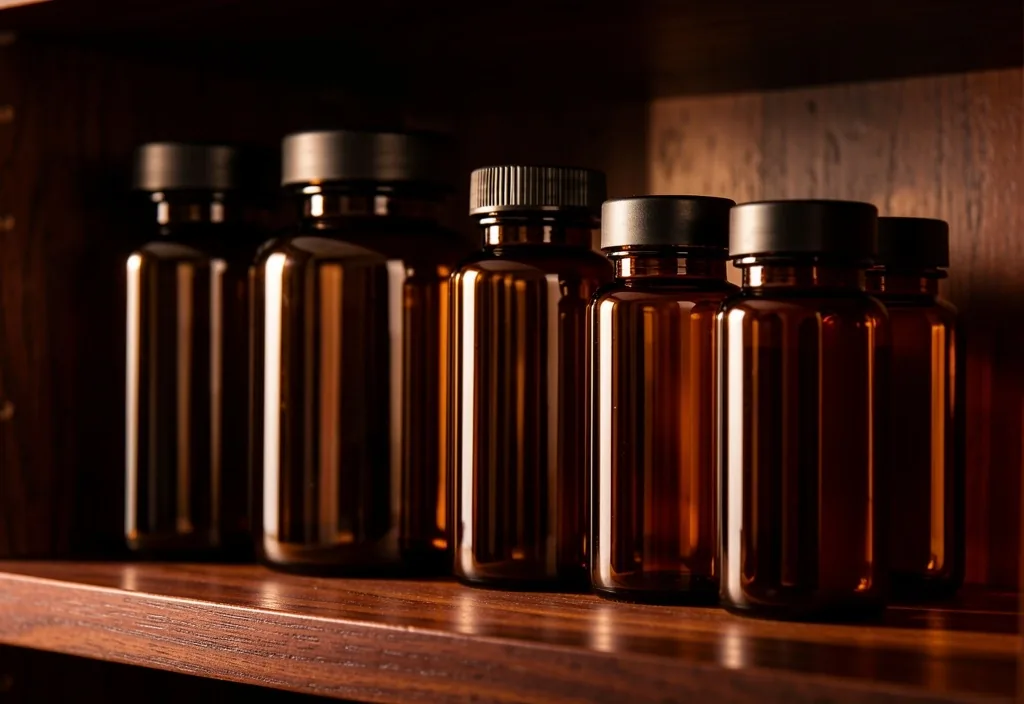 Amber glass supplement bottles on a dark shelf