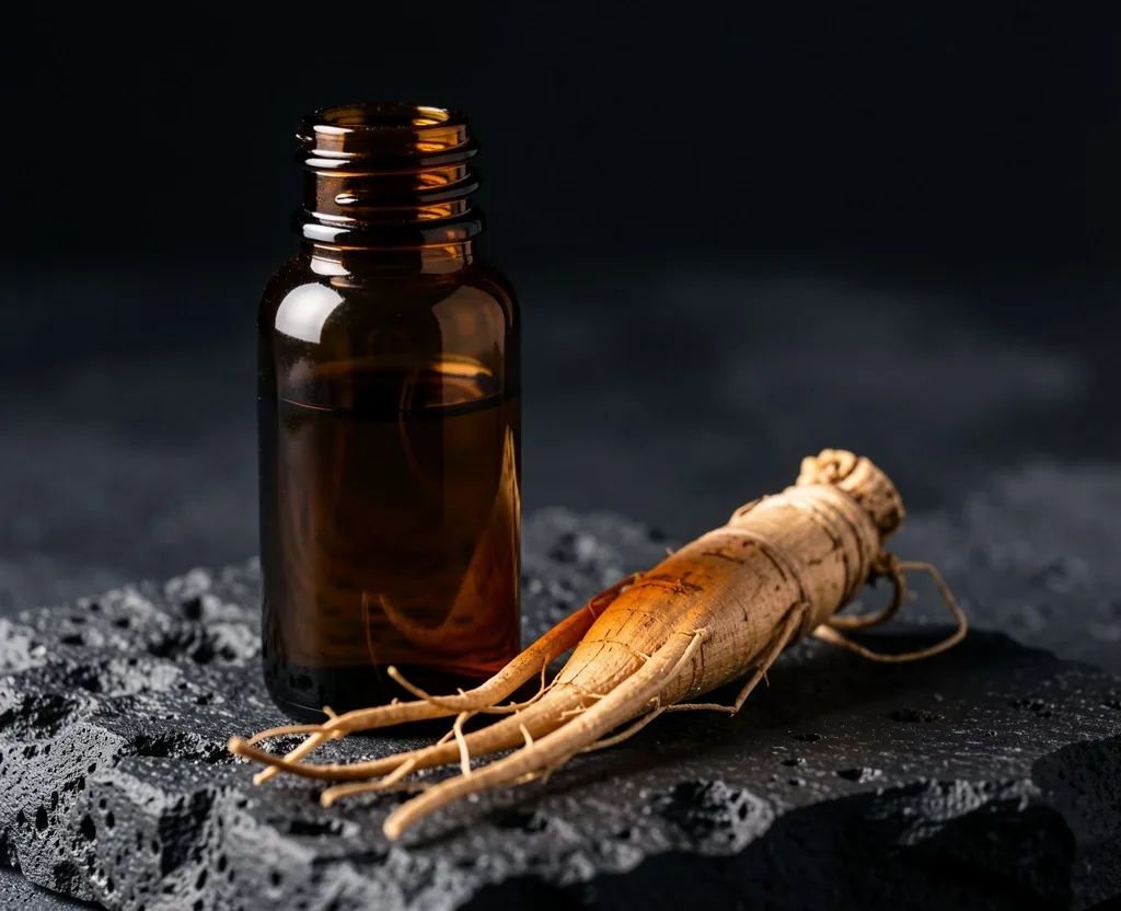 Amber glass dropper bottle on dark surface