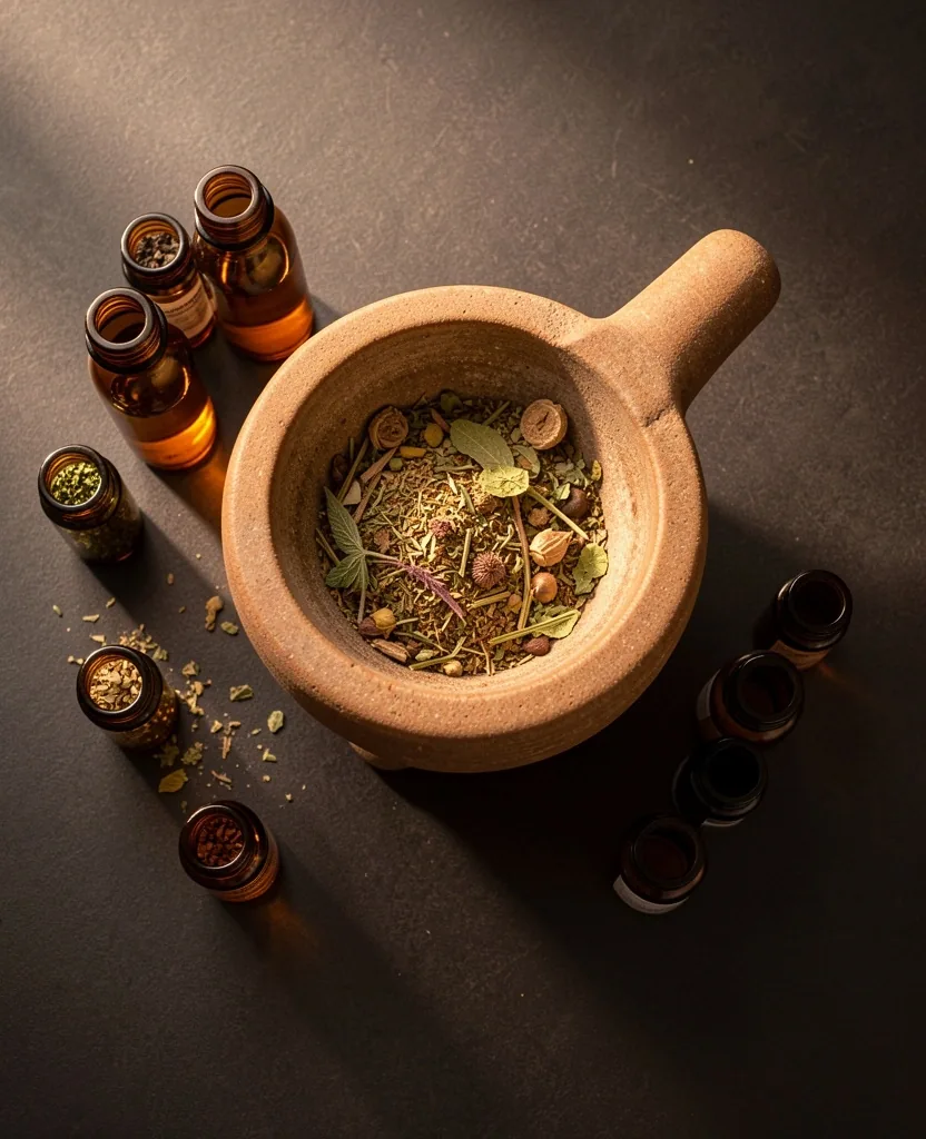 Laboratory setting with amber vials and botanical material