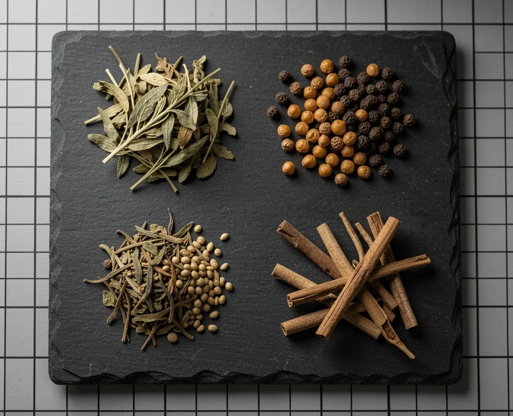 Dried botanical extracts arranged as specimens