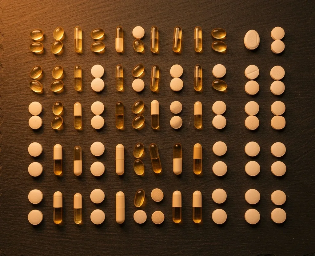 Vitamin and mineral capsules arranged on a dark surface