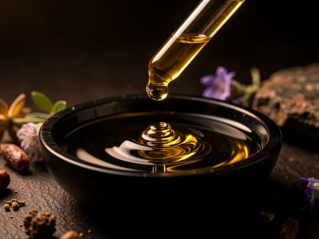 Amber botanical extract liquid being dispensed into a dark ceramic dish