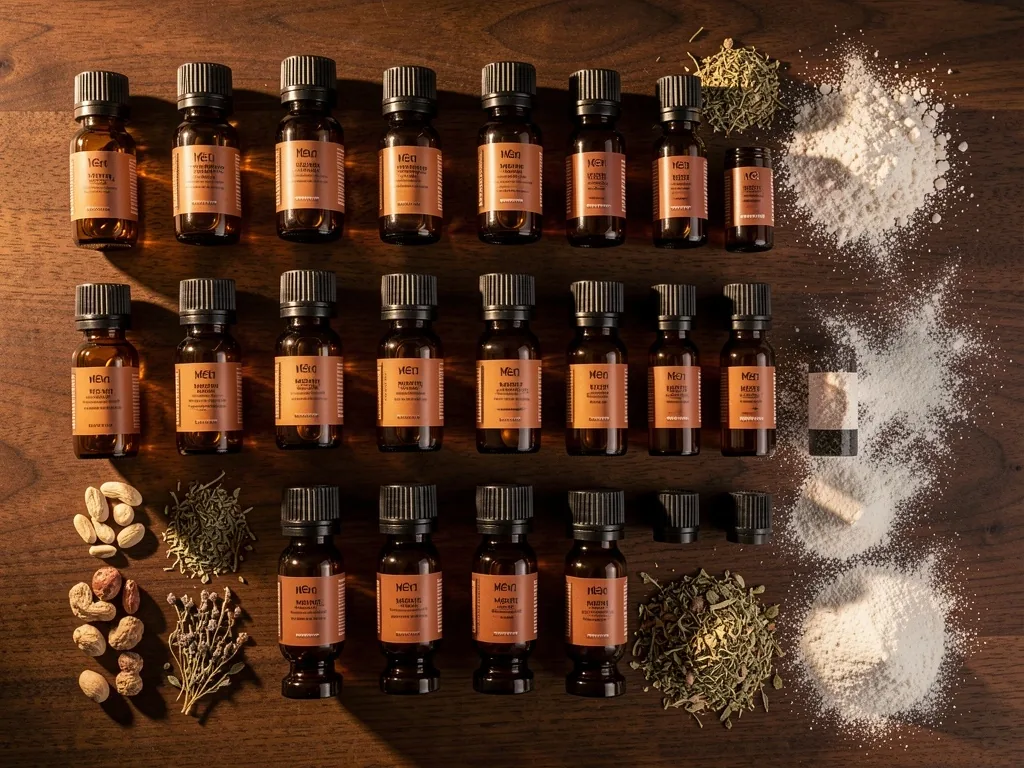 Amber glass supplement bottles arranged on a dark surface alongside dried botanical materials