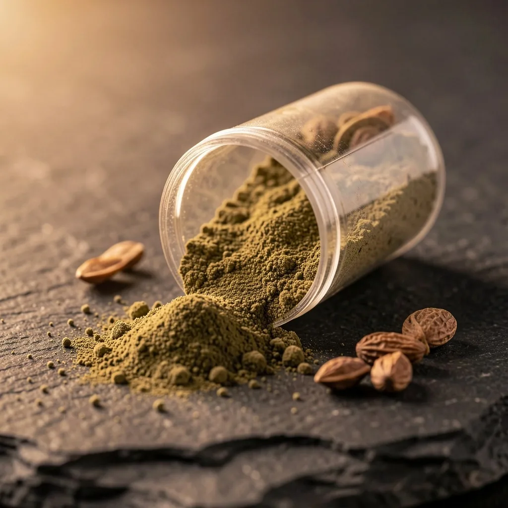 An opened supplement capsule with botanical powder on a dark stone surface