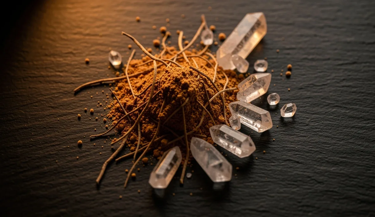 Dried botanical extract powder and purified mineral crystals on a dark laboratory surface